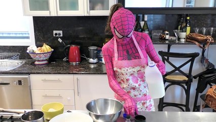 Cooking Pancakes with Pink Spidergirl, Joker and Venom! Superhero Fun Kids Video IRL!