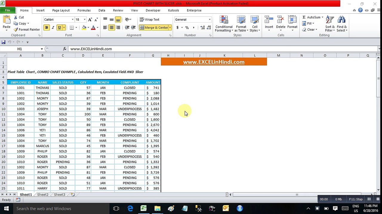 Hindi/Urdu Ver- Pivot Table with  combo chart and slicer , calculated field, calcuclated item