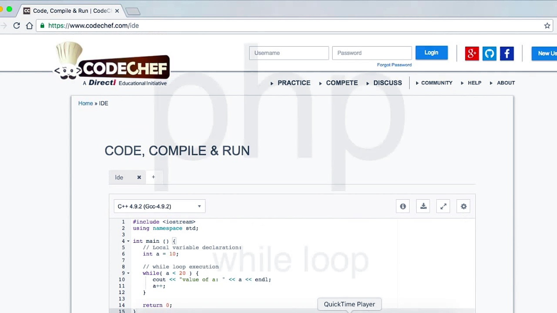 (c++ , php , java ,python ) while loop , CODE, COMPILE & RUN ,online