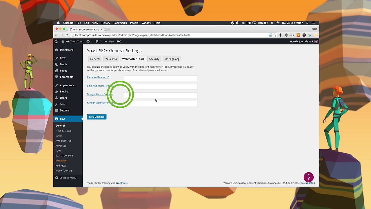 Yoast SEO for WordPress training - General Settings  Webmaster Tools Tab