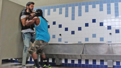 AIRHORN BATHROOM PRANK IN THE HOOD! ( GONE WRONG! )