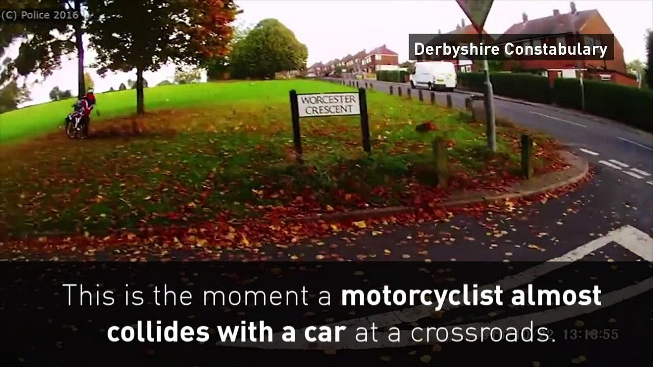 Motorcycle narrowly misses collision with car
