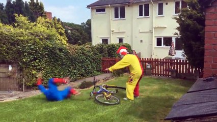 SPIDERMAN vs FROZEN ELSA vs ZOMBIE CLOWN - BIKE CHASE w/ FIGHT BATTLE - Superhero In Real Life :)