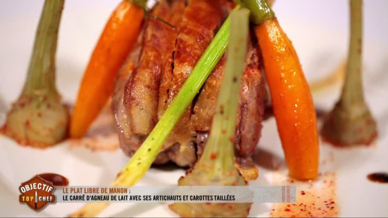 Le carré d'agneau de lait avec ses artichauts et carottes taillées de Manon