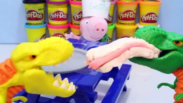 #DINOSAURS ● #SHARKS Eat #PLAY DOH FOOD Video at #Peppa Pigs Restaurant