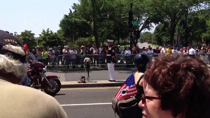 Une femme soldat immobilise sa moto devant un marine au garde-à-vous, regardez ses mains!