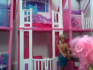 Surfing Ken Doll wants to eat a cake but drops it Pink hair Bratz laughs at him