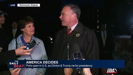 Tim Kaine, U.S. vice Presidential Nominee (D), reacts to this election day