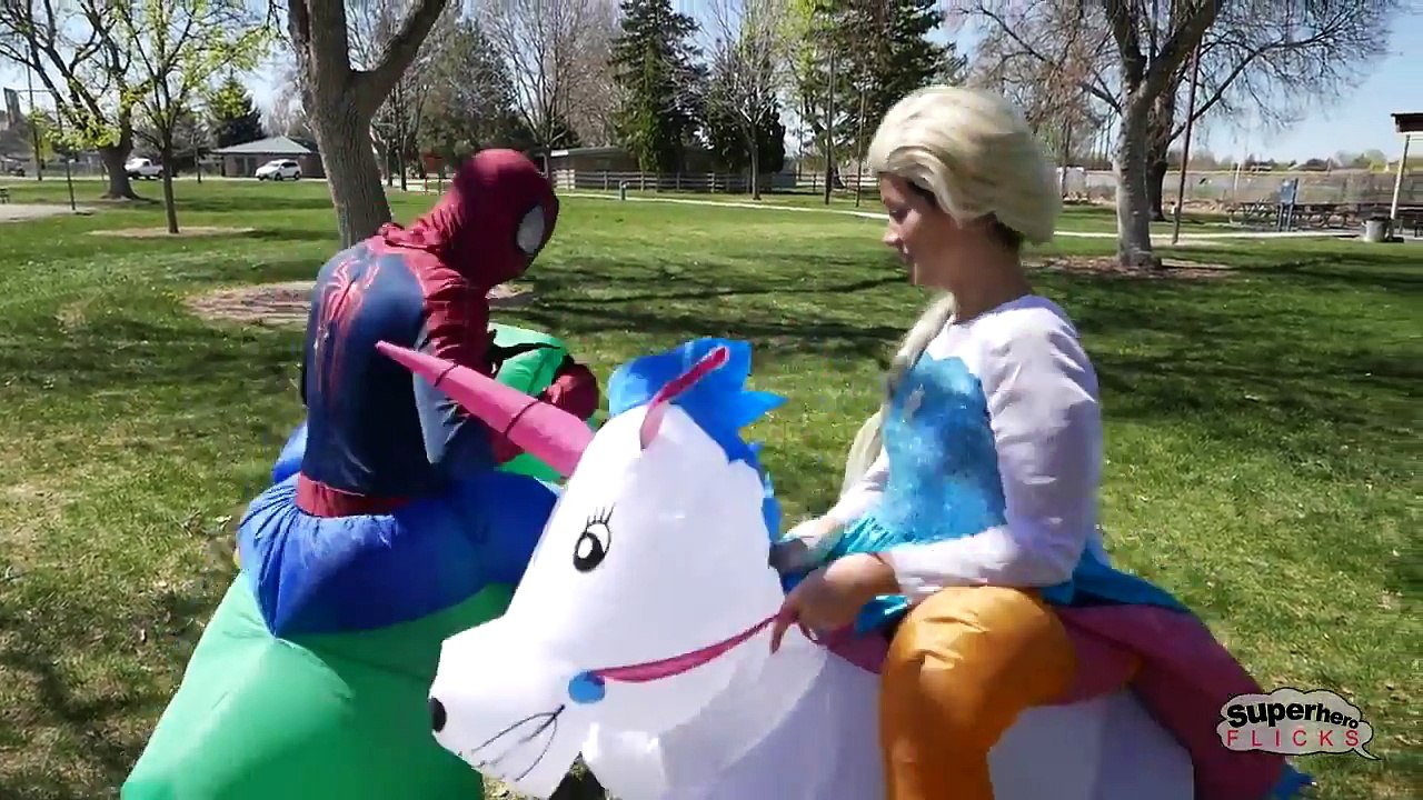 Elsa and Spiderman vs Bane Elsa turns to Unicorn Spiderman turns to TRex In Real Life