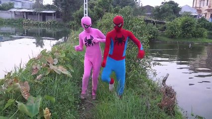 Frozen Elsa vs Spiderman DEAD FLOATING pink Spider Family fun superhero in real life