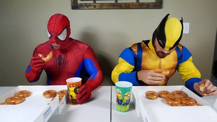 Fat Spiderman vs Wolverine Real Life Donut Eating Competition Superhero Movie