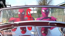 SPIDERMAN and PINK SPIDERGIRL DANCING IN A CAR with Deadpool Funny Movie in Real Life SHMIRL