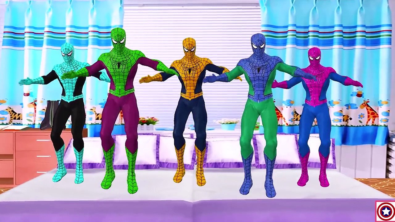 Colors Spiderman Five Little Monkeys Jumping On The Bed | Spiderman Compilation Finger Family Rhymes