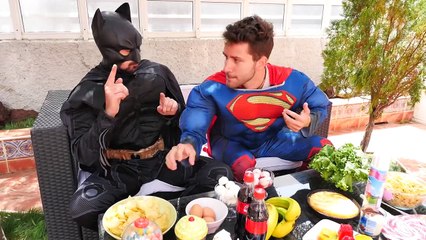 Bad baby Elsa vs T-REX! Real Food Fight w Spiderman superman Batman! Superhero Fun