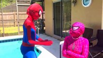 Spiderman Balloon prank! w/ Spidergirl Joker, Frozen Elsa, Venom & Maleficent movie Superhero IRL