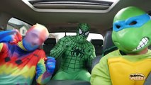 New Superheroes Dancing in a Car: Spiderman, Olaf, T-Rex & Green Spiderman! In Real Life Movie! B^)