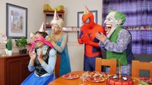 Frozen Annas BIRTHDAY FIRE! w/ Spiderman Frozen Elsa Mickey Mouse Joker Fun Superhero in Real Life