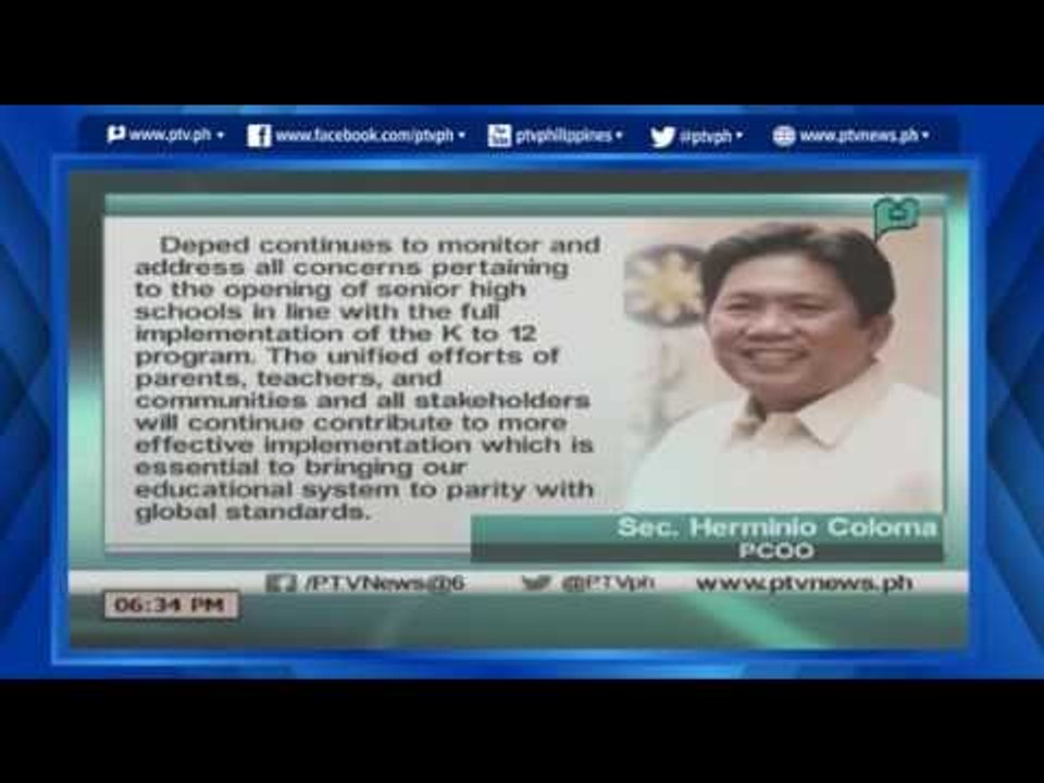 [News@6] Malacañang tiniyak na tutugunan ng DepEd ang pagpapatupad ng K-12 sa bansa [06|13|16]