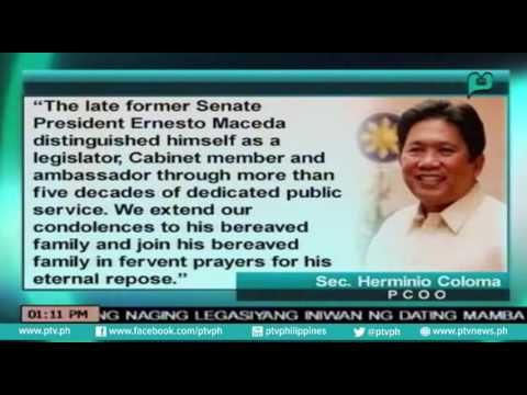 [News@1] Palasyo nagpaabot ng pakikiramay sa pamilya ni dating Senate Pres. Maceda [06|21|16]