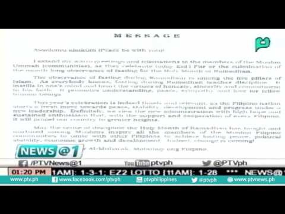 [News@1] Pres. Duterte, nanawagan ng pagkakaisa para sa pagbabago ngayong Eid'l Fitr [07|06|16]