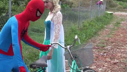 Joker steal Powered Ride On Super MOTO of Spiderman vs Frozen Elsa Black SpiderGirl Playtime Fun