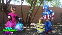 Pink Spidergirl vs Marvel Captain America Surprise Egg Hunt Play Doh Eggs Superheroes IRL
