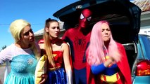 Frozen Elsa TURNS EVIL! w/ Spiderman Maleficent Joker Pink Spidergirl Ariel! Superhero Fun IRL :)