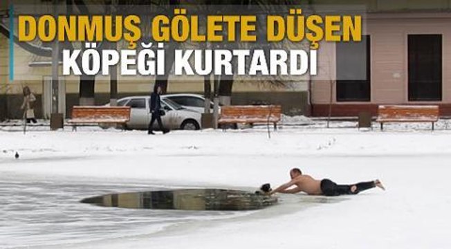 Donmuş gölete düşen köpeği kurtardı