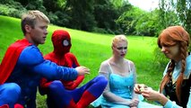 Superheroes in Real Life. Gorilla, Spiderman, Elsa and Anna on Picnic. Best SuperHero TV