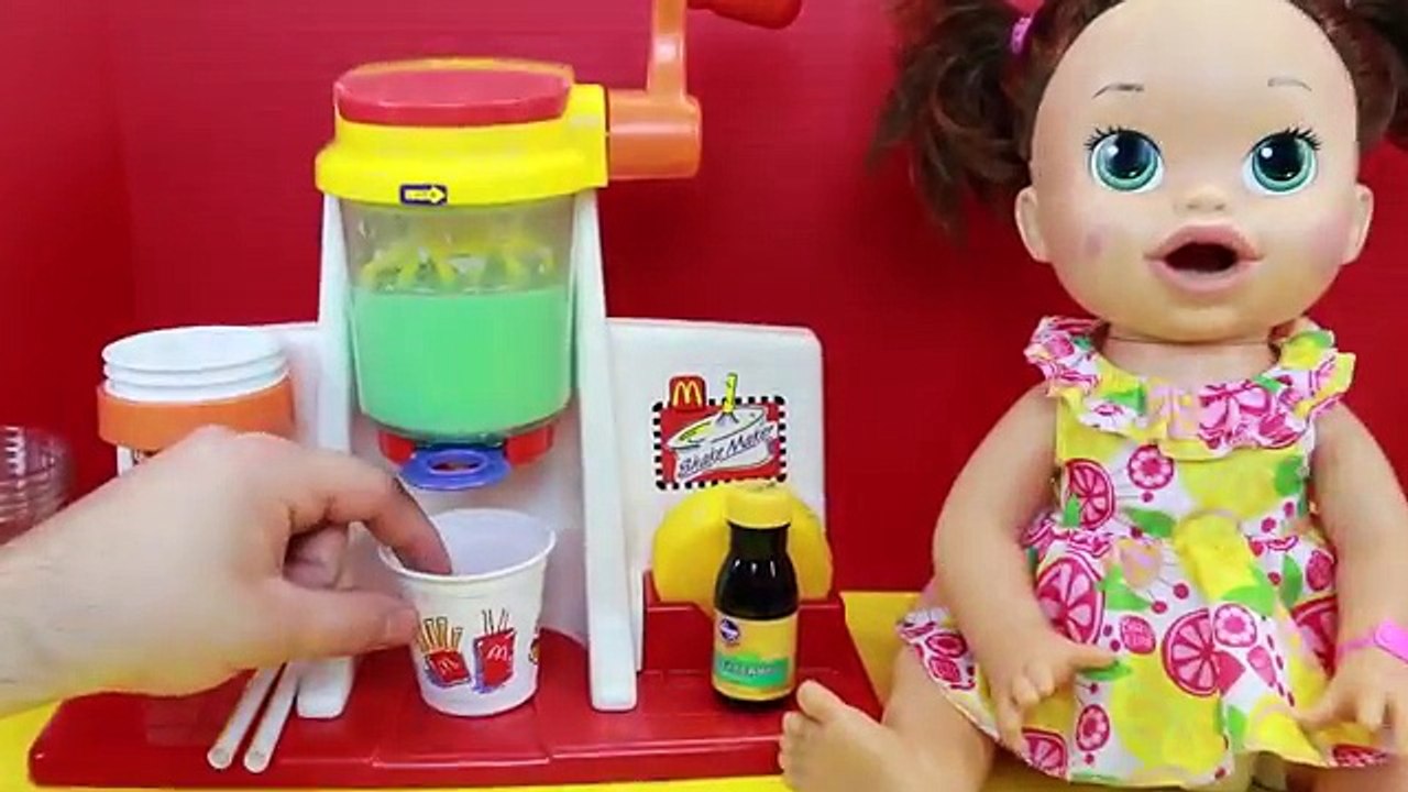 Baby Alive Eats McDonalds Happy Meal Magic Shake Maker Shamrock Shake + Gross Poop Diaper Change