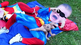 Crying Baby Superheroes in Real Life SUPERMAN vs GIANT T-REX Dinosaur BIG HEAD CRYING BABIES