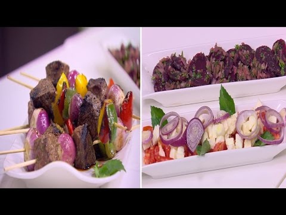 اسياخ اللحم و الخضار مع صوص البقدونس - سلطة بنج...