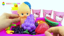 Learn Colors & Fruits in English Baby Doll Bath Balls Skittles Candy Hello Kitty Pretend Play