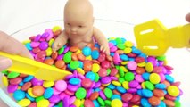 Baby Doll Bath Time In M&Ms Candy | M&Ms Chocolate Surprise Toys for Children Learn Colors