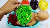 Learn Colors Baby Doll Bath Time with Skittles & M&Ms Chocolate Kids Videos for Toddlers