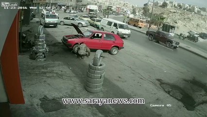 Man casually cranks car up as truck flips over