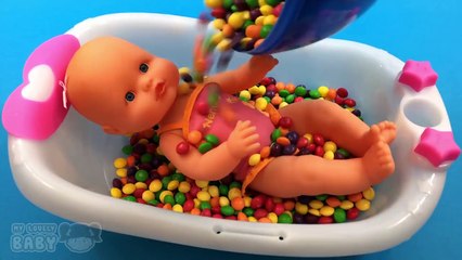 Baby Doll Bathtime in Skittles Candy Bath Playing