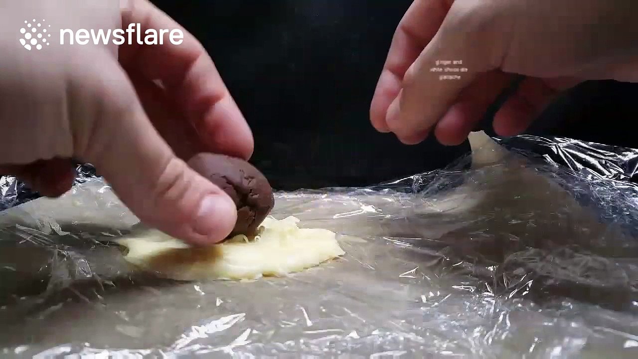 Creative chef makes double chocolate and ginger snowman