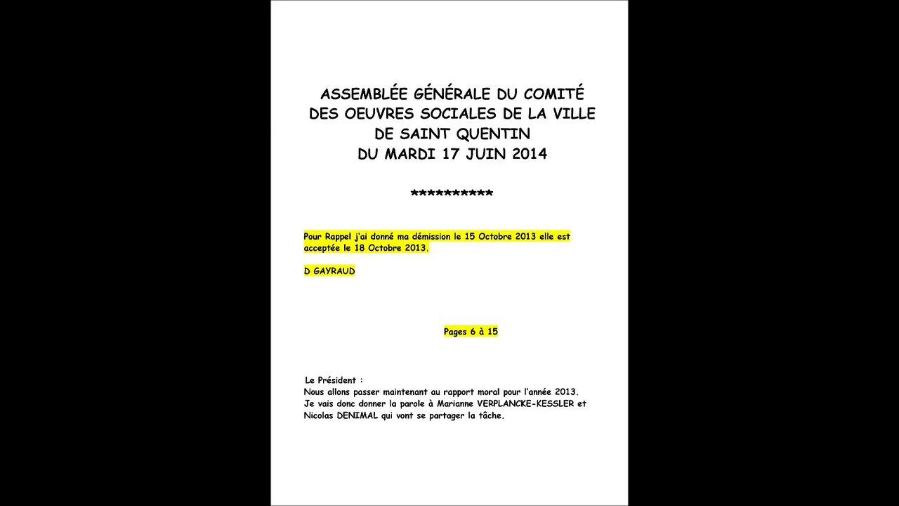 EXTRAIT PV ASSEMBLÉE GÉNÉRALE DU COMITÉ association loi 1901 2014 COS SAINT QUENTIN  rapport moral 2013 pages 6 à 15