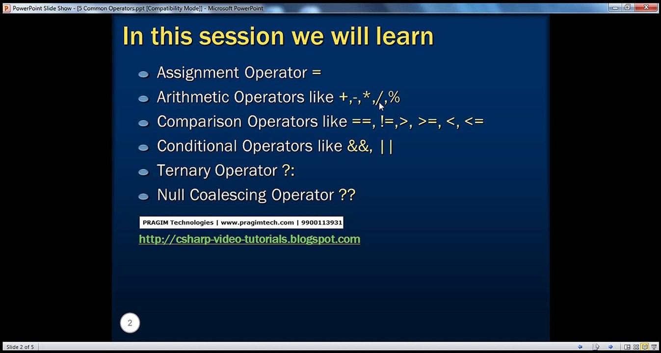 Part 5 - C# Tutorial - Common Operators in c#.avi