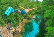 Cliff Jumping. Extreme Cliff Jumping & Giant Rope Swing