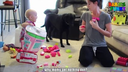 Funny baby toddler doing Housework