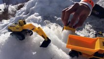 TOY TRUCKS - Construction Truck Vehicles in the Snow at Big Bear Mountain by FamilyToyReview