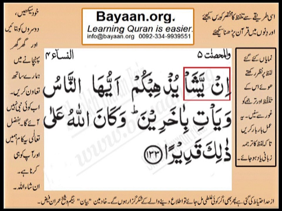 Quran in urdu Surah AL Nissa 004 Ayat 133 Learn Quran translation in Urdu Easy Quran Learning