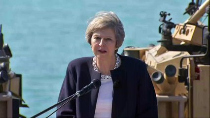 Theresa May addresses troops on board HMS Ocean in Bahrain