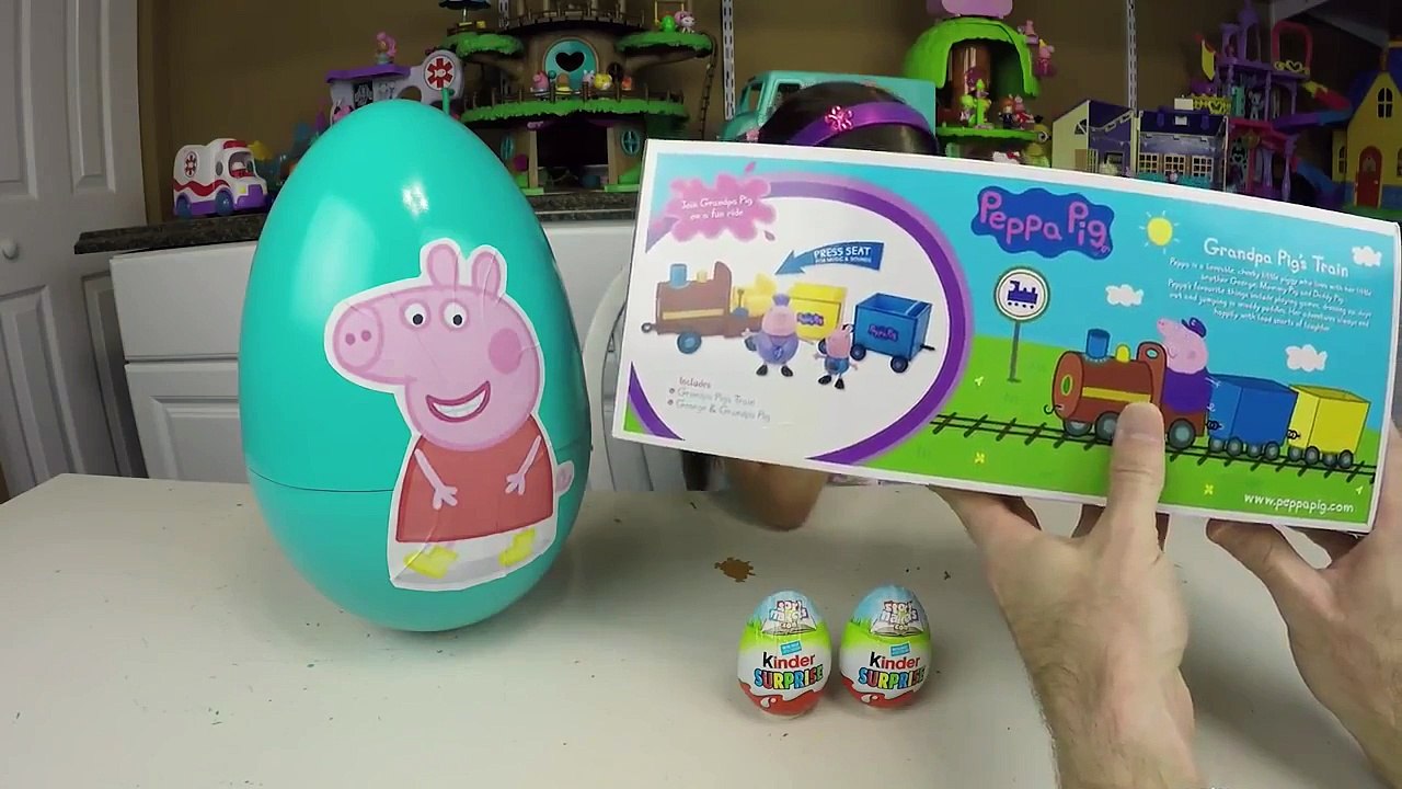 GIANT PEPPA PIG SURPRISE EGG + Grandpa Pig's Toy Train + 2 Kinder Surprise Eggs Kids Toys Opening