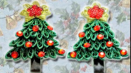 DIY. Kanzashi Tutorial. Hair Clips Christmas trees.