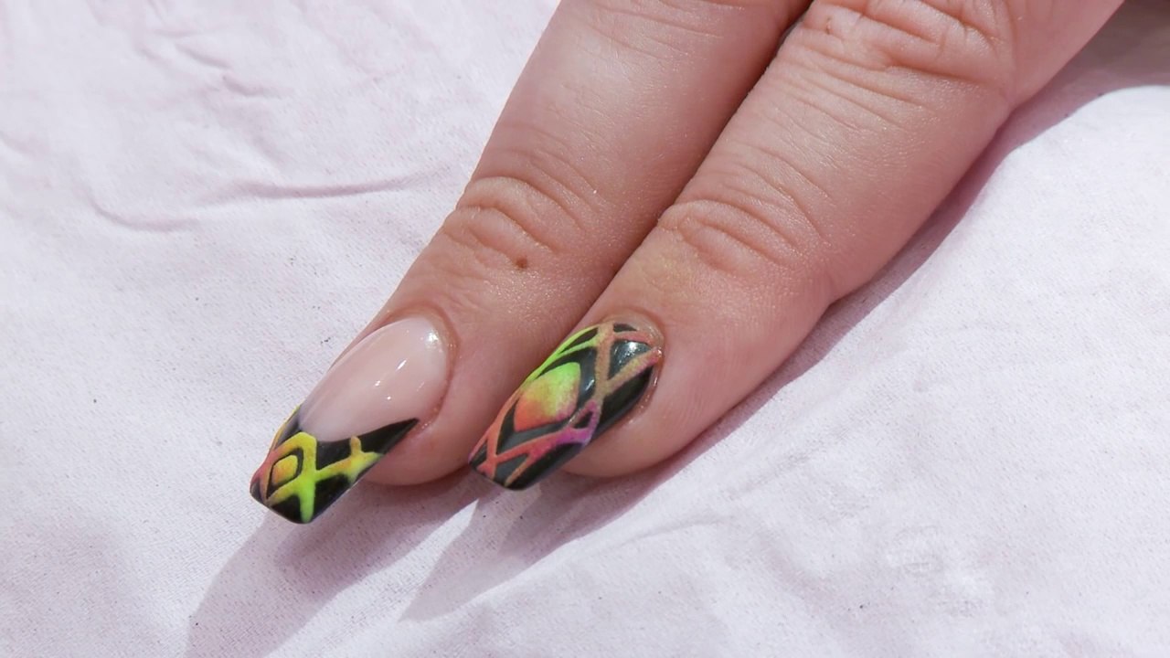 Matte on Gloss - Neon Aztec on Black Acrylic and Gel Nail Art Design Tutorial