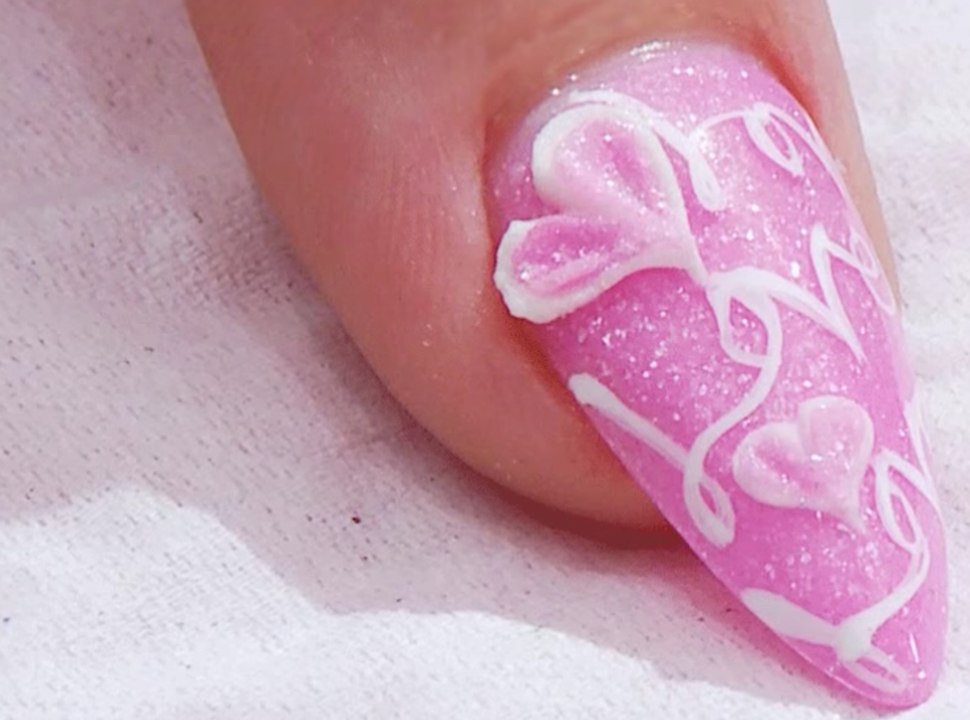 Sweet Baby Pink 3D Love Heart Acrylic Nail Design - Kirsty Meakin - Naio Nails