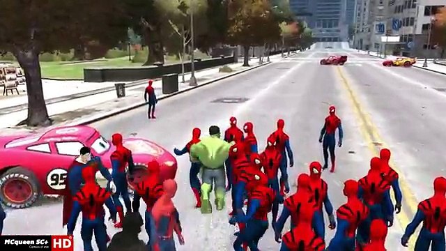 Lightning McQueen Cars Colors Motorbike wirh Spiderman + HULK + Batman Cartoon Colors for Kids